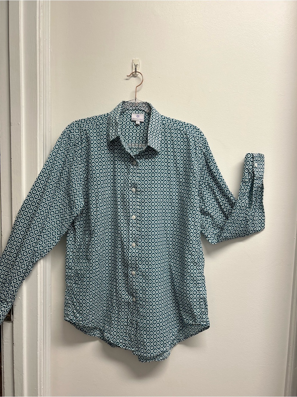 Pax Philomena Womens Teal Geometric Button-Down Shirt 100% Cotton